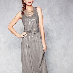 Garnet Hill sequin maxi dress 6 taupe festive shiny tank party NYE christmas